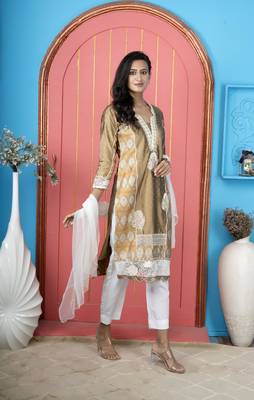 Antique gold embroidered silk straight cut trouser kurta dupatta readymade suits 3