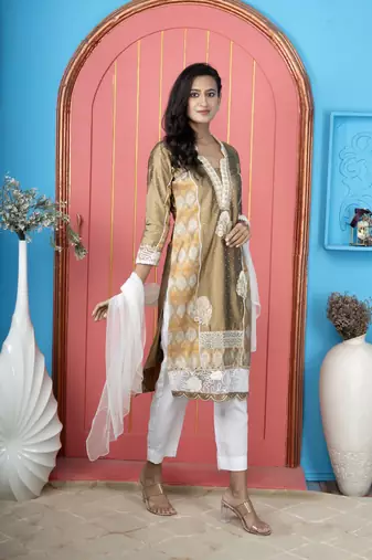 Antique gold embroidered silk straight cut trouser kurta dupatta readymade suits