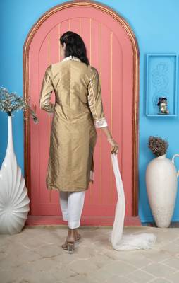 Antique gold embroidered silk straight cut trouser kurta dupatta readymade suits 4