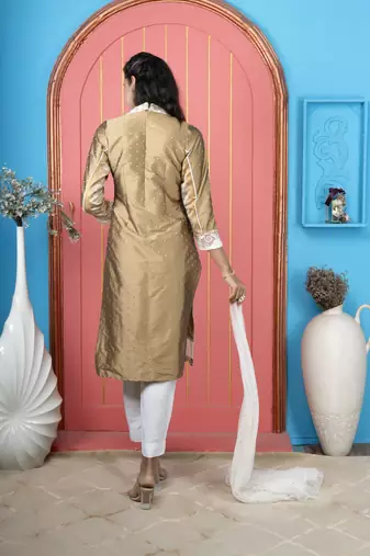Antique gold embroidered silk straight cut trouser kurta dupatta readymade suits