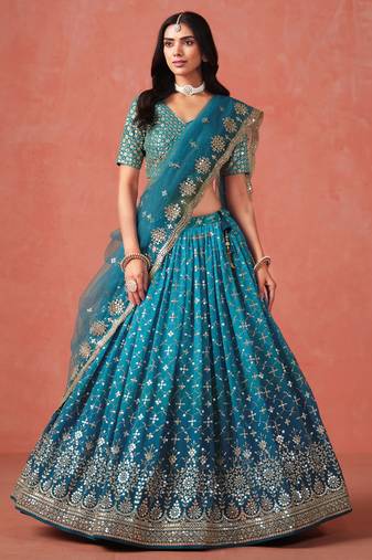 TURQUOISE GEORGETTE SEQUINS ZARI EMBROIDERED LEHENGA CHOLI