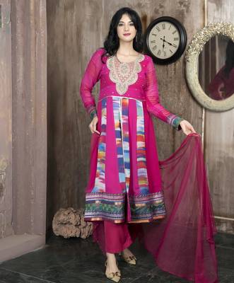 Pink embroidered georgette asymmetrical culottes kurta dupatta readymade suits 1