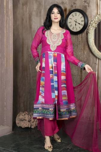 Pink embroidered georgette asymmetrical culottes kurta dupatta readymade suits