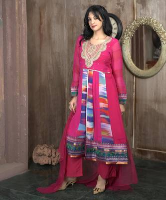 Pink embroidered georgette asymmetrical culottes kurta dupatta readymade suits 2