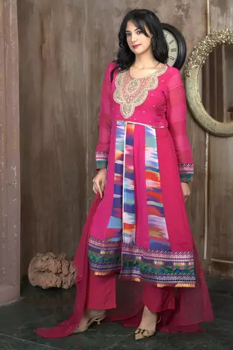 Pink embroidered georgette asymmetrical culottes kurta dupatta readymade suits