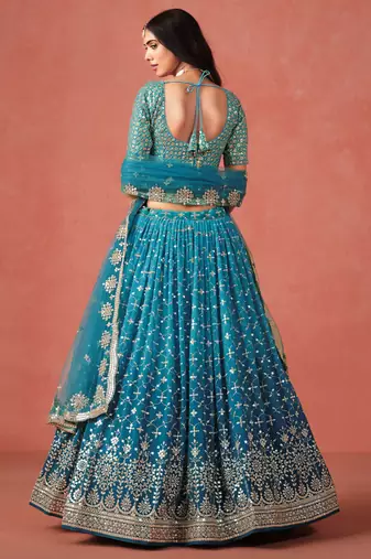 TURQUOISE GEORGETTE SEQUINS ZARI EMBROIDERED LEHENGA CHOLI