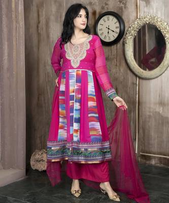 Pink embroidered georgette asymmetrical culottes kurta dupatta readymade suits 3