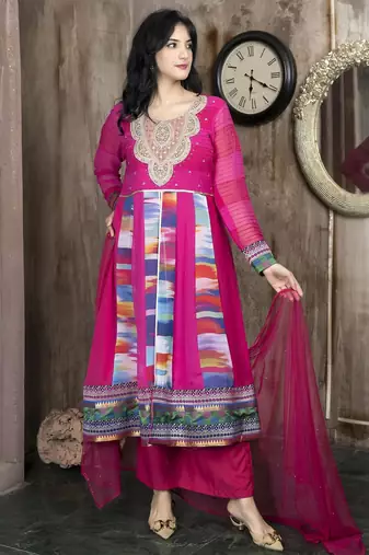 Pink embroidered georgette asymmetrical culottes kurta dupatta readymade suits