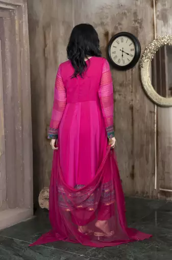 Pink embroidered georgette asymmetrical culottes kurta dupatta readymade suits