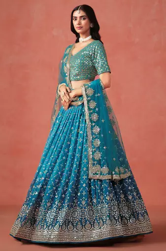 TURQUOISE GEORGETTE SEQUINS ZARI EMBROIDERED LEHENGA CHOLI