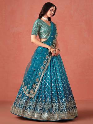 TURQUOISE GEORGETTE SEQUINS ZARI EMBROIDERED LEHENGA CHOLI 6