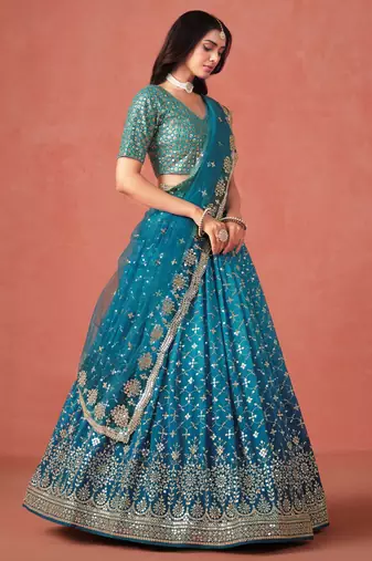 TURQUOISE GEORGETTE SEQUINS ZARI EMBROIDERED LEHENGA CHOLI