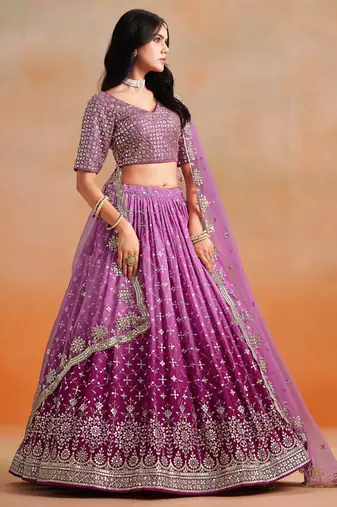 RANI PINK GEORGETTE SEQUINS ZARI EMBROIDERED LEHENGA CHOLI