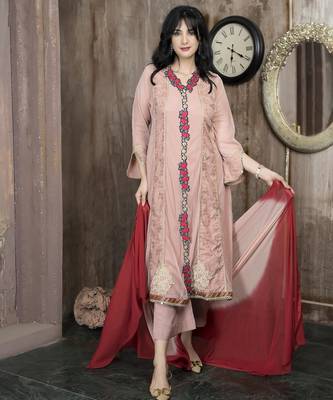 Peach embroidered net anarkaliculottes kurta dupatta readymade suits 1