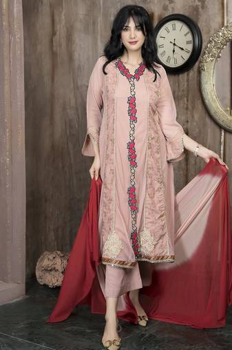 Peach embroidered net anarkaliculottes kurta dupatta readymade suits