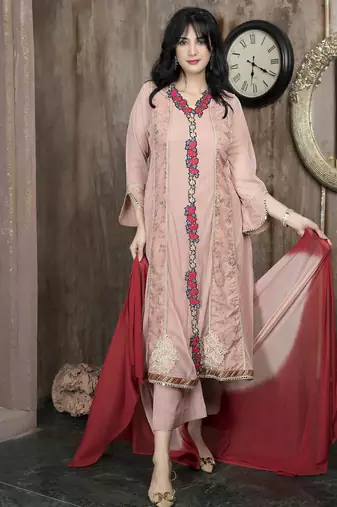 Peach embroidered net anarkaliculottes kurta dupatta readymade suits