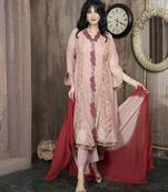 Peach embroidered net anarkaliculottes kurta dupatta readymade suits