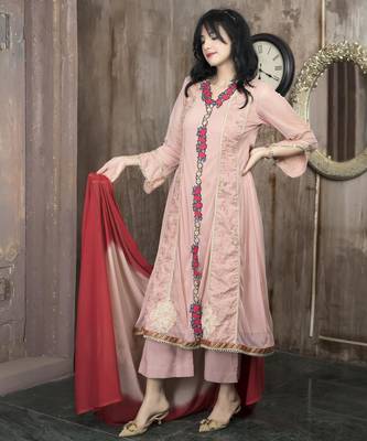 Peach embroidered net anarkaliculottes kurta dupatta readymade suits 2