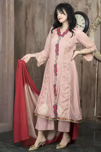 Peach embroidered net anarkaliculottes kurta dupatta readymade suits