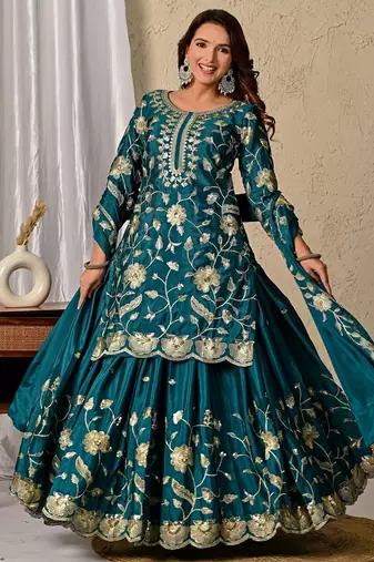 GREEN CHINON SILK EMBROIDERY PARTY WEAR SUIT SET 