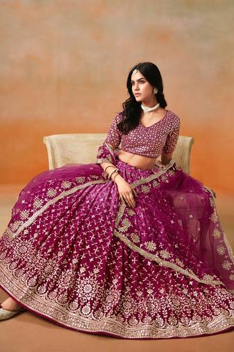 rani PINK GEORGETTE SEQUINS ZARI EMBROIDERED LEHENGA CHOLI