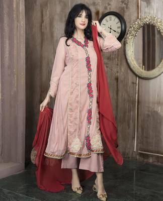 Peach embroidered net anarkaliculottes kurta dupatta readymade suits 3