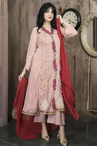 Peach embroidered net anarkaliculottes kurta dupatta readymade suits