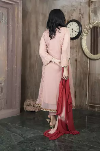 Peach embroidered net anarkaliculottes kurta dupatta readymade suits