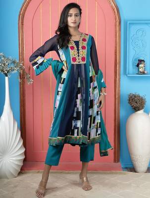 Navy-blue embroidered georgette anarkali trouser kurta dupatta readymade suits 1