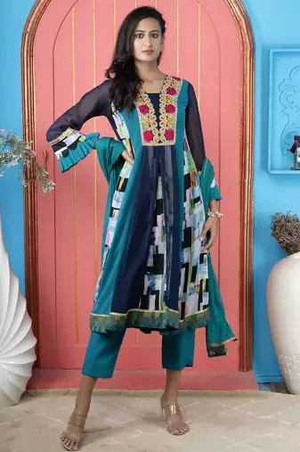 Navy-blue embroidered georgette anarkali trouser kurta dupatta readymade suits