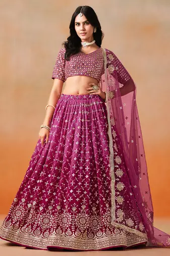 rani PINK GEORGETTE SEQUINS ZARI EMBROIDERED LEHENGA CHOLI