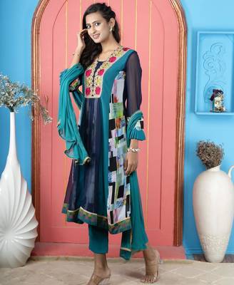 Navy-blue embroidered georgette anarkali trouser kurta dupatta readymade suits 2