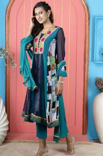 Navy-blue embroidered georgette anarkali trouser kurta dupatta readymade suits