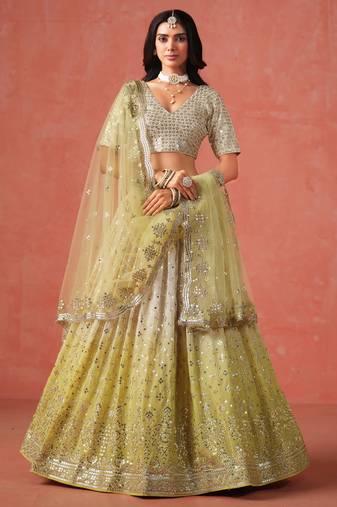 YELLOW GEORGETTE SEQUINS ZARI EMBROIDERED LEHENGA CHOLI