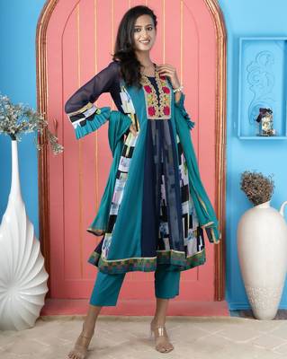 Navy-blue embroidered georgette anarkali trouser kurta dupatta readymade suits 3
