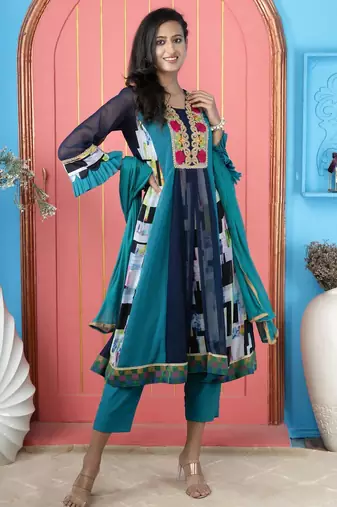 Navy-blue embroidered georgette anarkali trouser kurta dupatta readymade suits