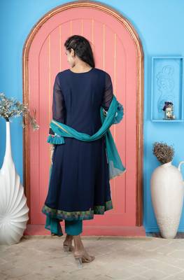 Navy-blue embroidered georgette anarkali trouser kurta dupatta readymade suits 4