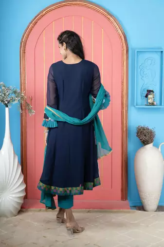 Navy-blue embroidered georgette anarkali trouser kurta dupatta readymade suits