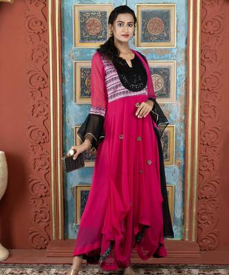 Pink embroidered georgette asymmetrical  trouser kurta dupatta readymade suits 1