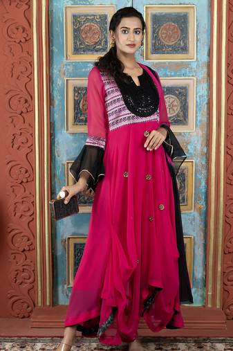 Pink embroidered georgette asymmetrical  trouser kurta dupatta readymade suits