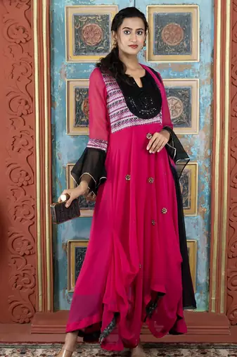 Pink embroidered georgette asymmetrical  trouser kurta dupatta readymade suits
