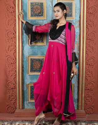 Pink embroidered georgette asymmetrical  trouser kurta dupatta readymade suits 2