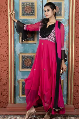 Pink embroidered georgette asymmetrical  trouser kurta dupatta readymade suits