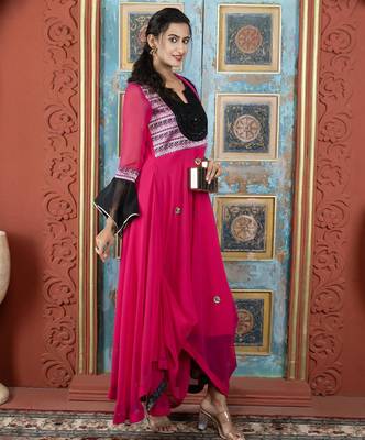 Pink embroidered georgette asymmetrical  trouser kurta dupatta readymade suits 3