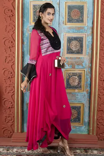 Pink embroidered georgette asymmetrical  trouser kurta dupatta readymade suits