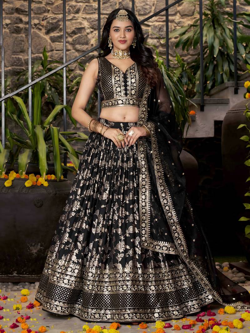 BLACK DOLA SILK SEQUINS ZARI EMBROIDERED LEHENGA CHOLI