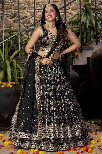BLACK DOLA SILK SEQUINS ZARI EMBROIDERED LEHENGA CHOLI