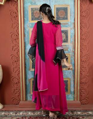 Pink embroidered georgette asymmetrical  trouser kurta dupatta readymade suits 4