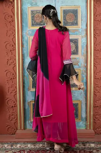 Pink embroidered georgette asymmetrical  trouser kurta dupatta readymade suits