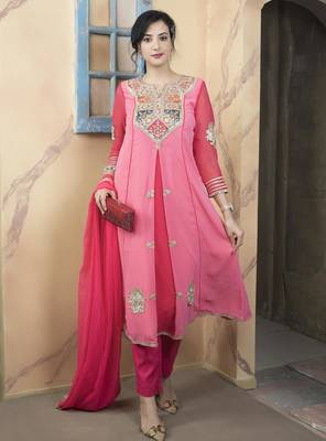 Light-pink embroidered georgette asymmetrical  trouser kurta dupatta readymade suits 1
